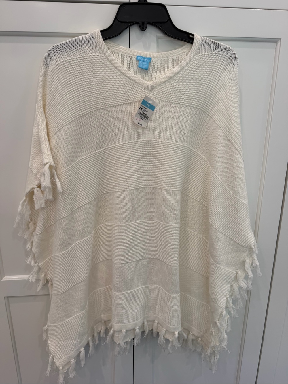 J. McLaughlin Sanura poncho off white fringe tassel solid knit